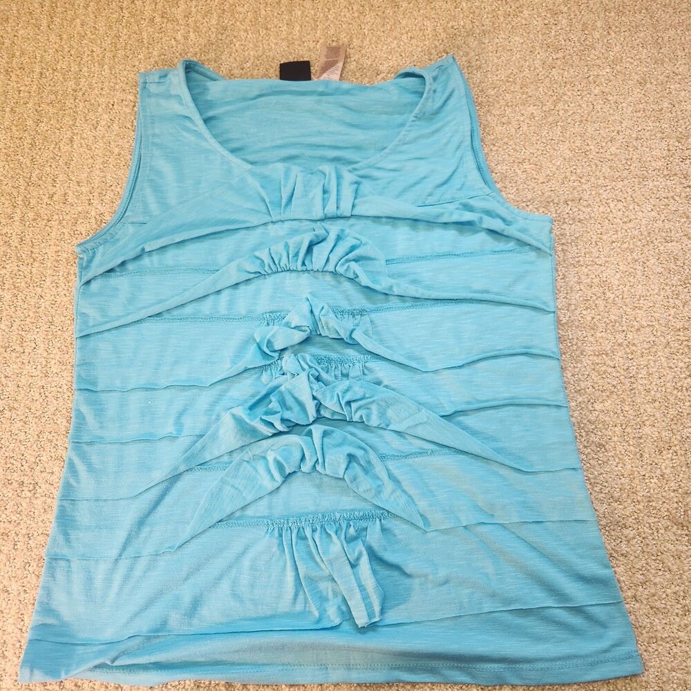 Rafaella Top Women’s M Blue Sleeveless Ruffled Tiered Stretch Blouse Shirt Chic